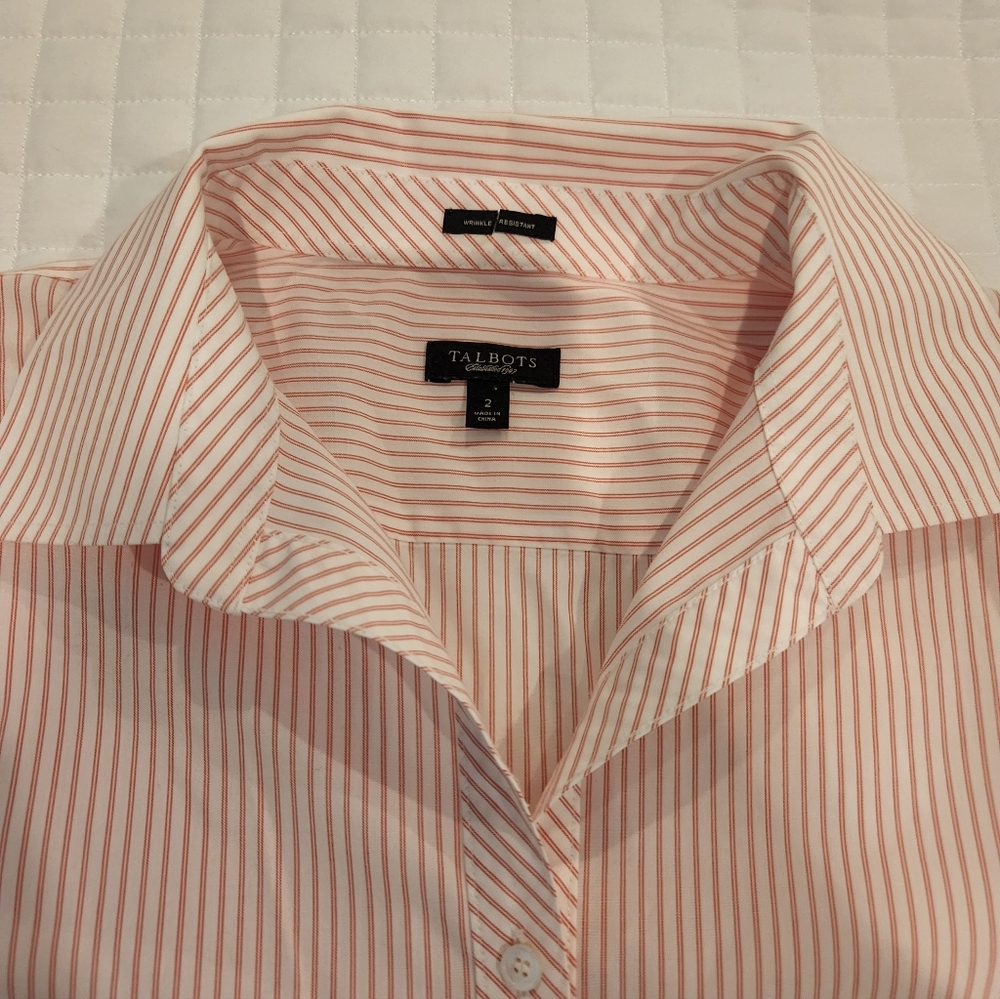Talbots Women's Casual Pink and White Fittes Striped Shirt